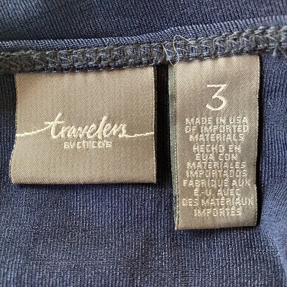 Chico's Travelers Collection Navy Slinky Knit Top Classic Palm Chiffon Trim XL - Picture 6 of 8
